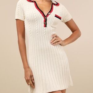 Lulus Upscale Ideal Beige Cable Knit Short Sleeve Sweater Mini Dress - Size M